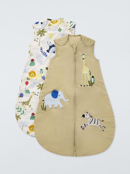 John Lewis Eden Safari Bold Baby Sleeping Bag, 2.5 Tog, Pack of 2, Multi, Multi