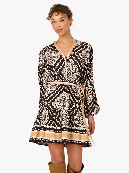 Adrianna By Adrianna Papell Bandana Print Mini Dress, Black/Ivory, Black/Ivory