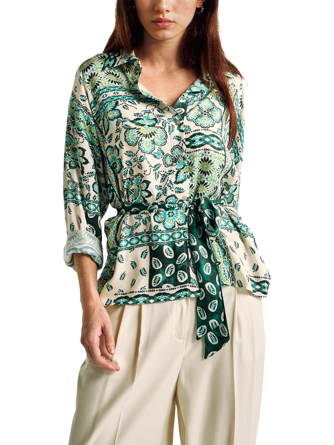 Product image 1 of 4, which shows Benetton Floral Belted Shirt, Green, XS
