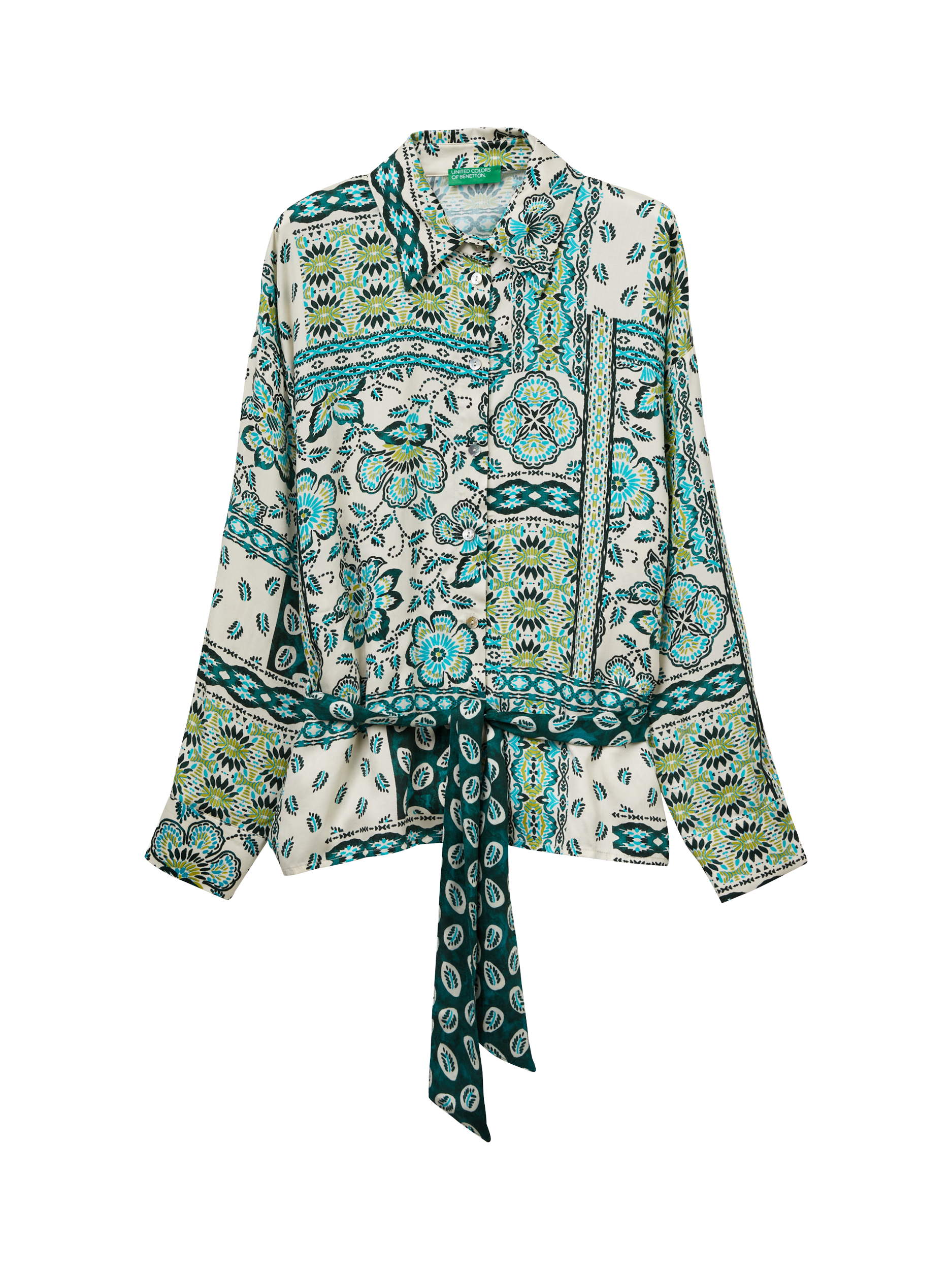 Product image 3 of 4, which shows Benetton Floral Belted Shirt, Green, XS