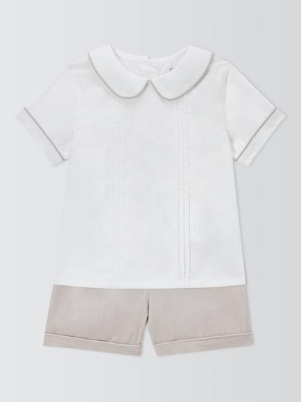 John Lewis Heirloom Collection Baby Cotton/Linen Blend Shirt & Shorts Christening Set, Grey, Grey