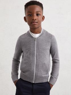 Reiss Kids' Clifford Bomber Cardigan, Grey/White, Grey/White