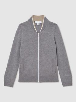 Reiss Kids' Clifford Bomber Cardigan, Grey/White - view 2, Grey/White