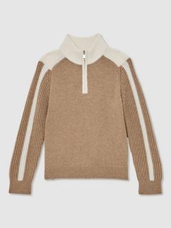 Reiss Kids' Carnellis Cotton Wool Blend Funnel Neck Jumper, Brown - view 2, Brown