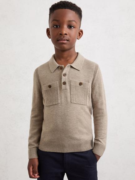Reiss Kids' Rectory Long Sleeved Polo Jumper, Oatmeal, Oatmeal