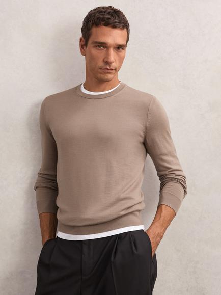 Reiss Wessex Knit Merino Wool Jumper, Camel Brown
