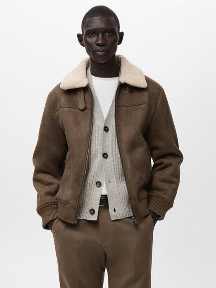 Mango Jay Faux Suede Shearling Aviator Jacket, Medium Brown, Medium Brown