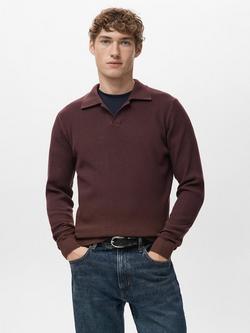 Mango Antigua Cotton Blend Rib Knit Polo Jumper, Dark Red, Dark Red