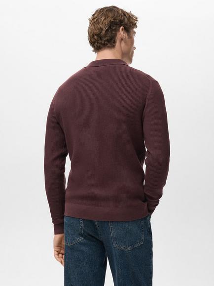 Mango Antigua Cotton Blend Rib Knit Polo Jumper, Dark Red - view 2, Dark Red