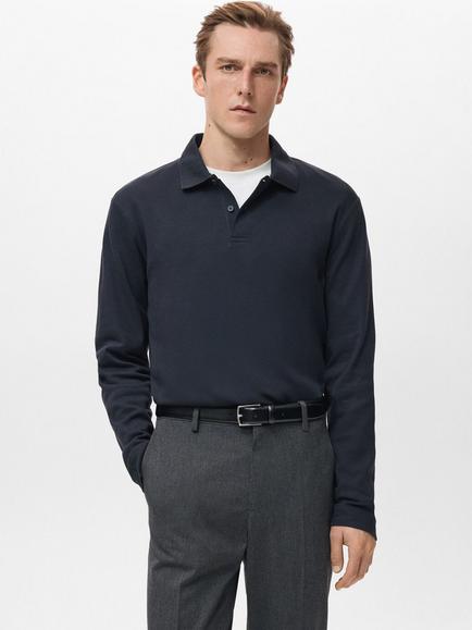 Mango Gareth Cotton Regular Fit Long Sleeve Polo Shirt, Navy, Navy