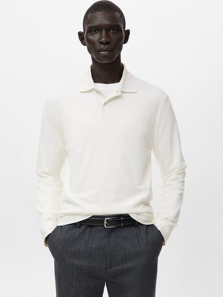 Mango Gareth Cotton Regular Fit Long Sleeve Polo Shirt, White, White