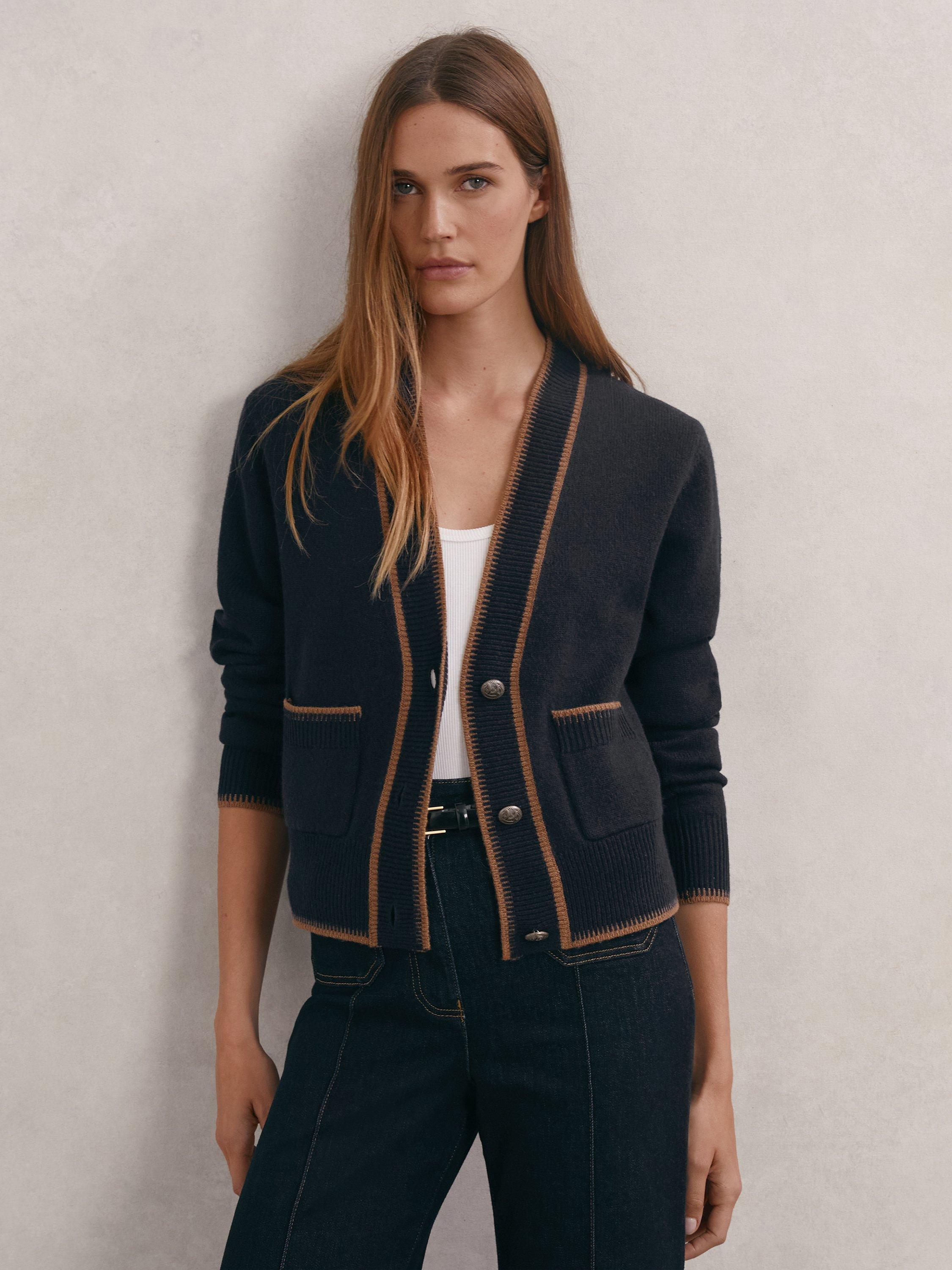 Product image 1 of 5, which shows Reiss Louisa V-Neck Wool Blend Cardigan, Navy/Camel, XS