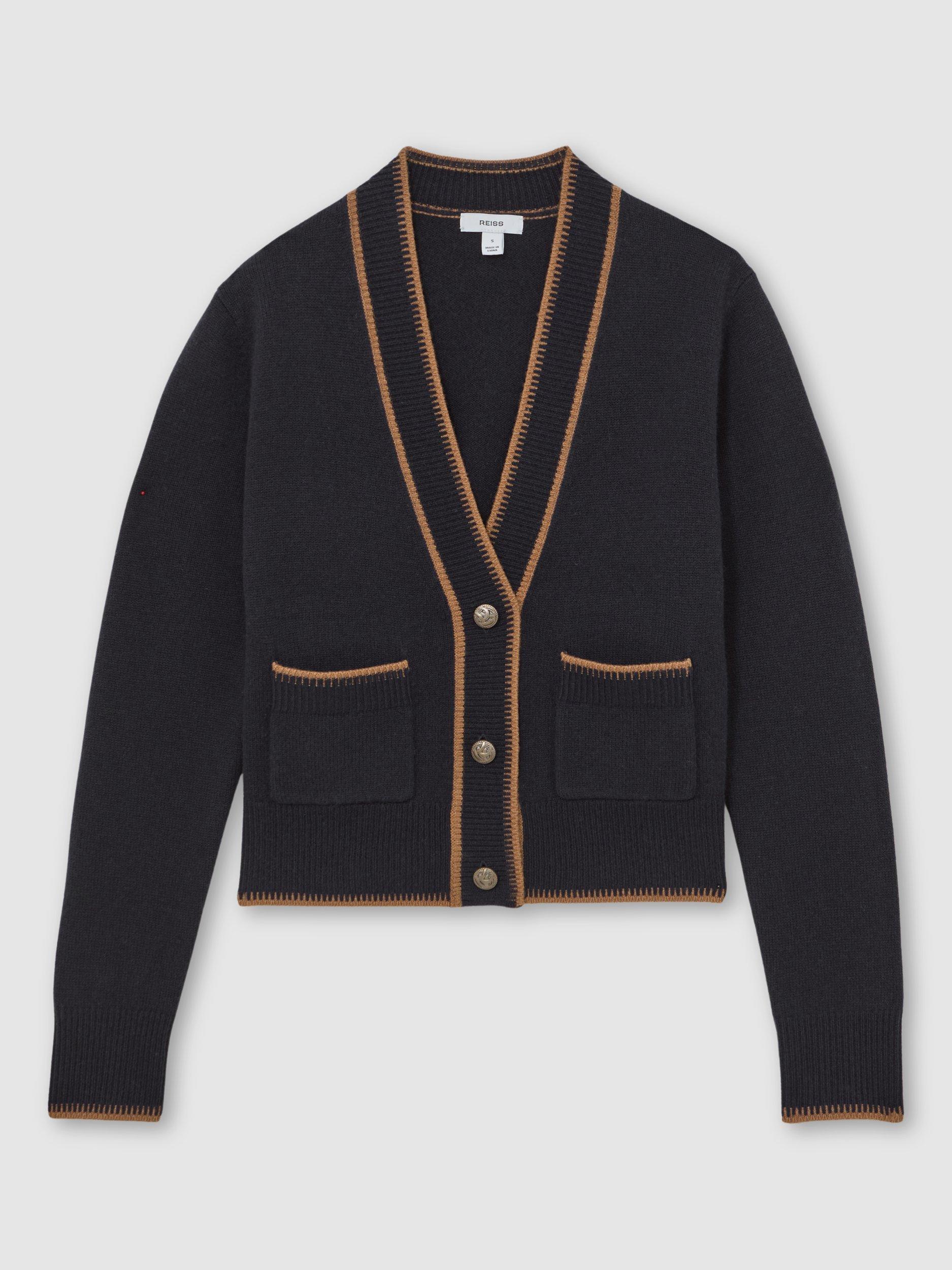 Product image 3 of 5, which shows Reiss Louisa V-Neck Wool Blend Cardigan, Navy/Camel, XS