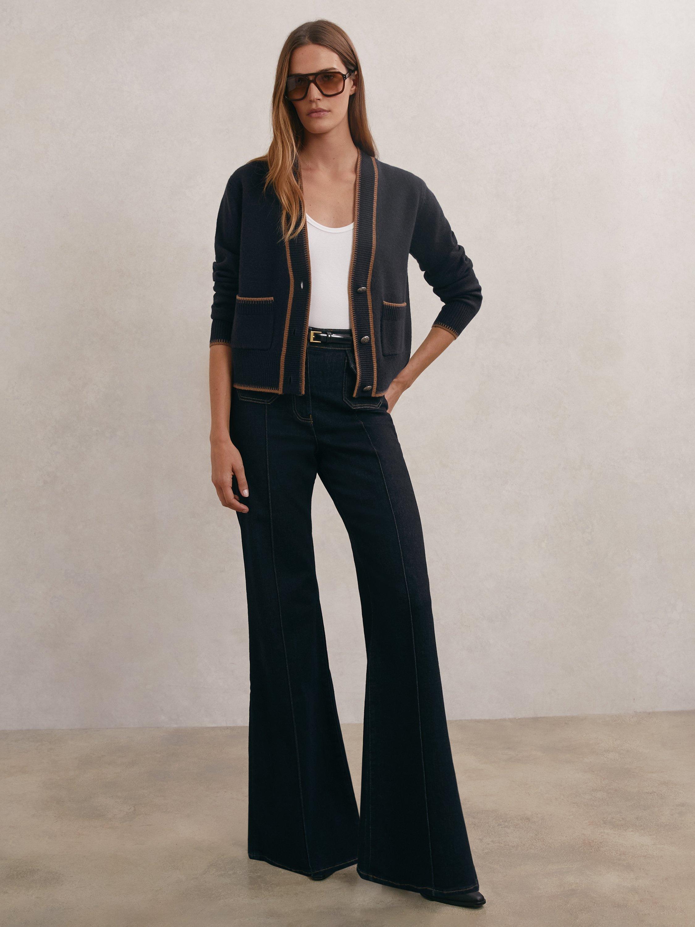 Product image 4 of 5, which shows Reiss Louisa V-Neck Wool Blend Cardigan, Navy/Camel, XS