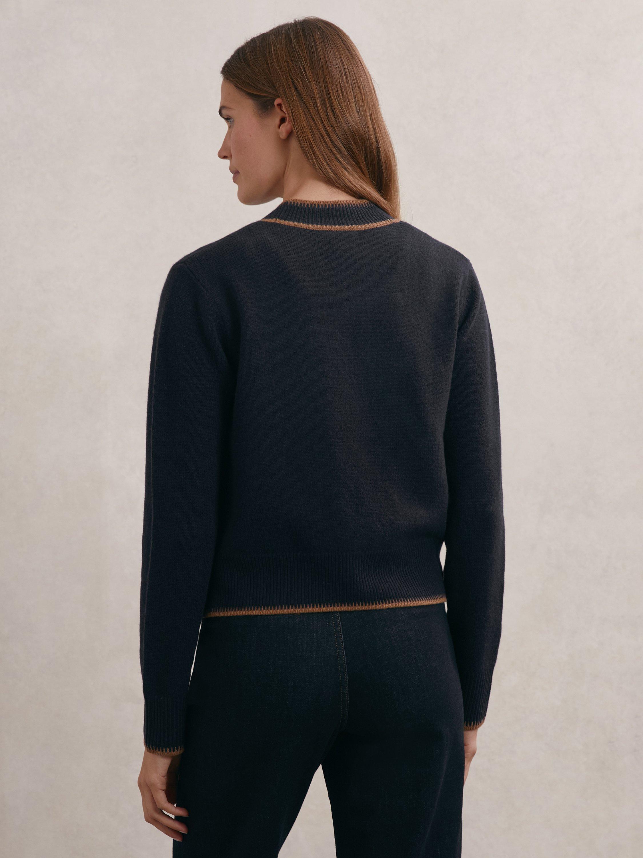 Product image 5 of 5, which shows Reiss Louisa V-Neck Wool Blend Cardigan, Navy/Camel, XS