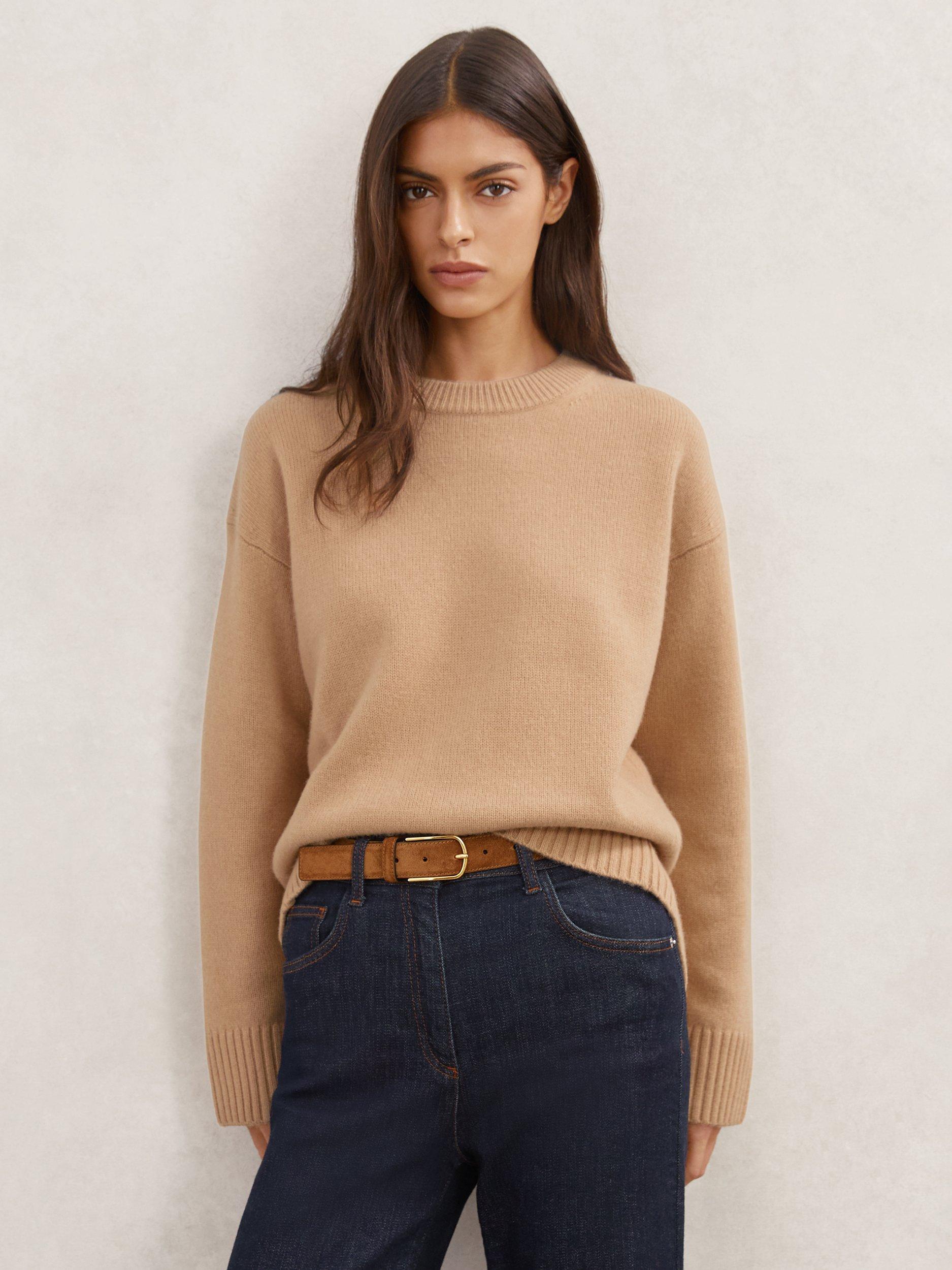 Product image 1 of 5, which shows Reiss Ella Round Neck Wool Blend Jumper, Camel, XS