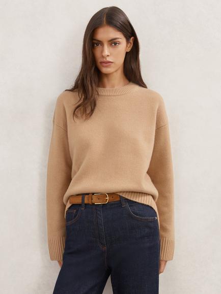 Reiss Ella Round Neck Wool Blend Jumper, Camel, Camel