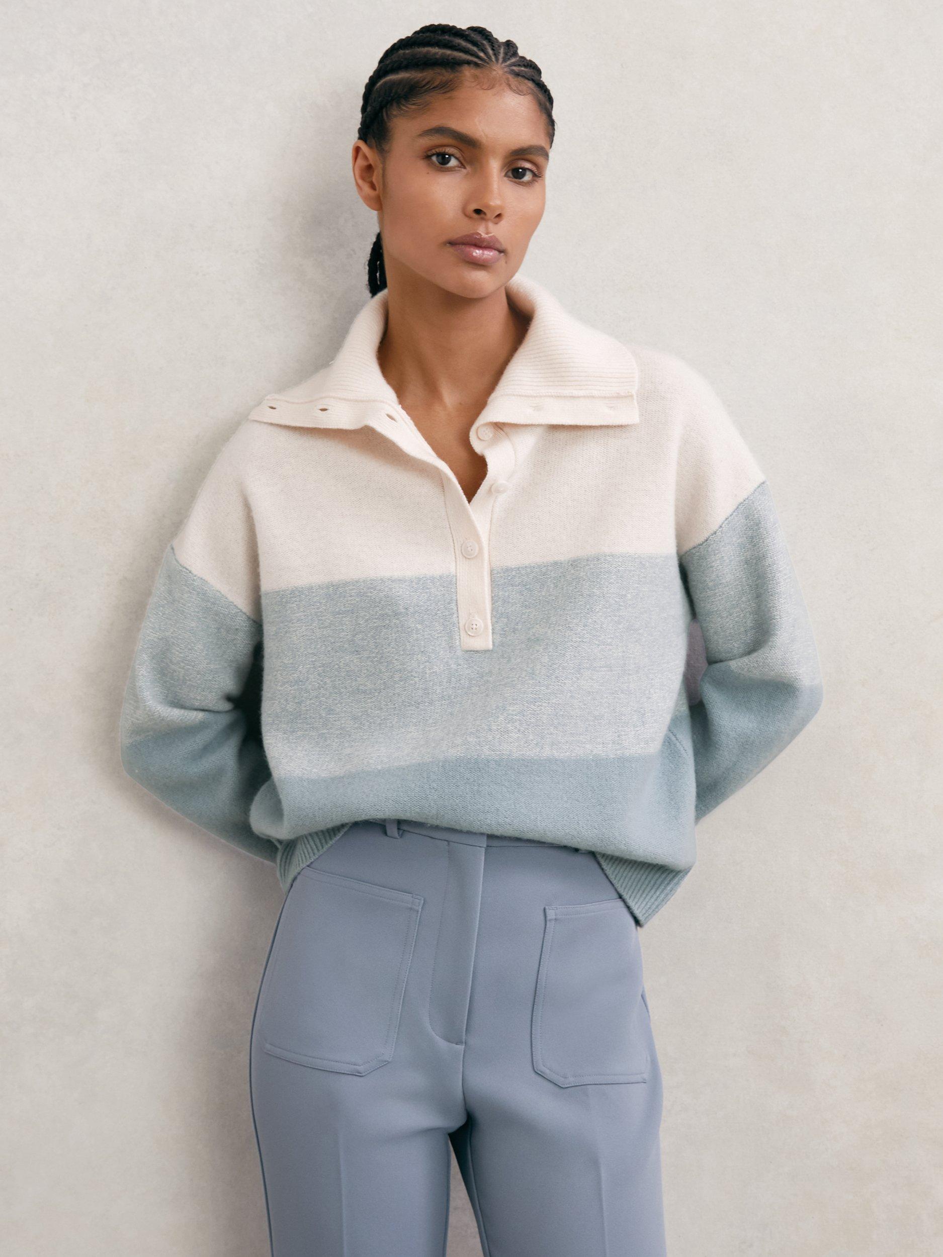 Product image 1 of 5, which shows Reiss Flora Button Neck Wool and Cashmere Jumper, Cream/Blue, XS