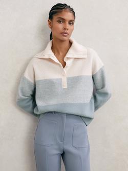 Reiss Flora Button Neck Wool and Cashmere Jumper, Cream/Blue, Cream/Blue