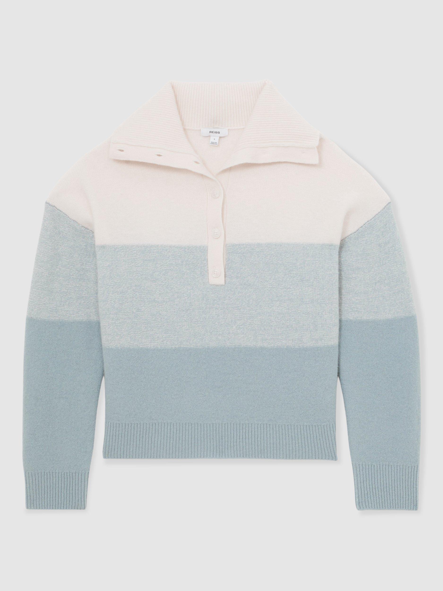 Product image 3 of 5, which shows Reiss Flora Button Neck Wool and Cashmere Jumper, Cream/Blue, XS