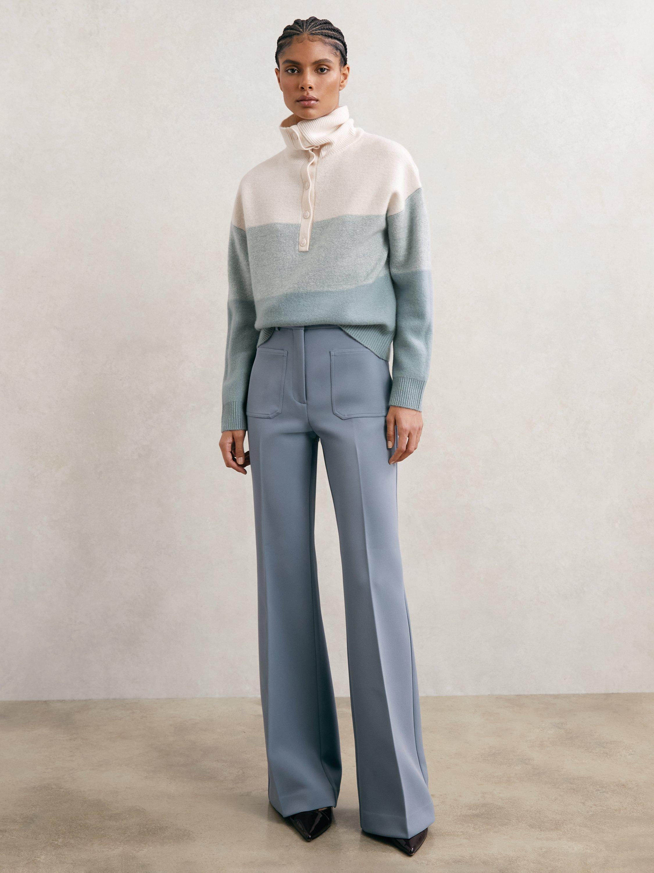 Product image 4 of 5, which shows Reiss Flora Button Neck Wool and Cashmere Jumper, Cream/Blue, XS