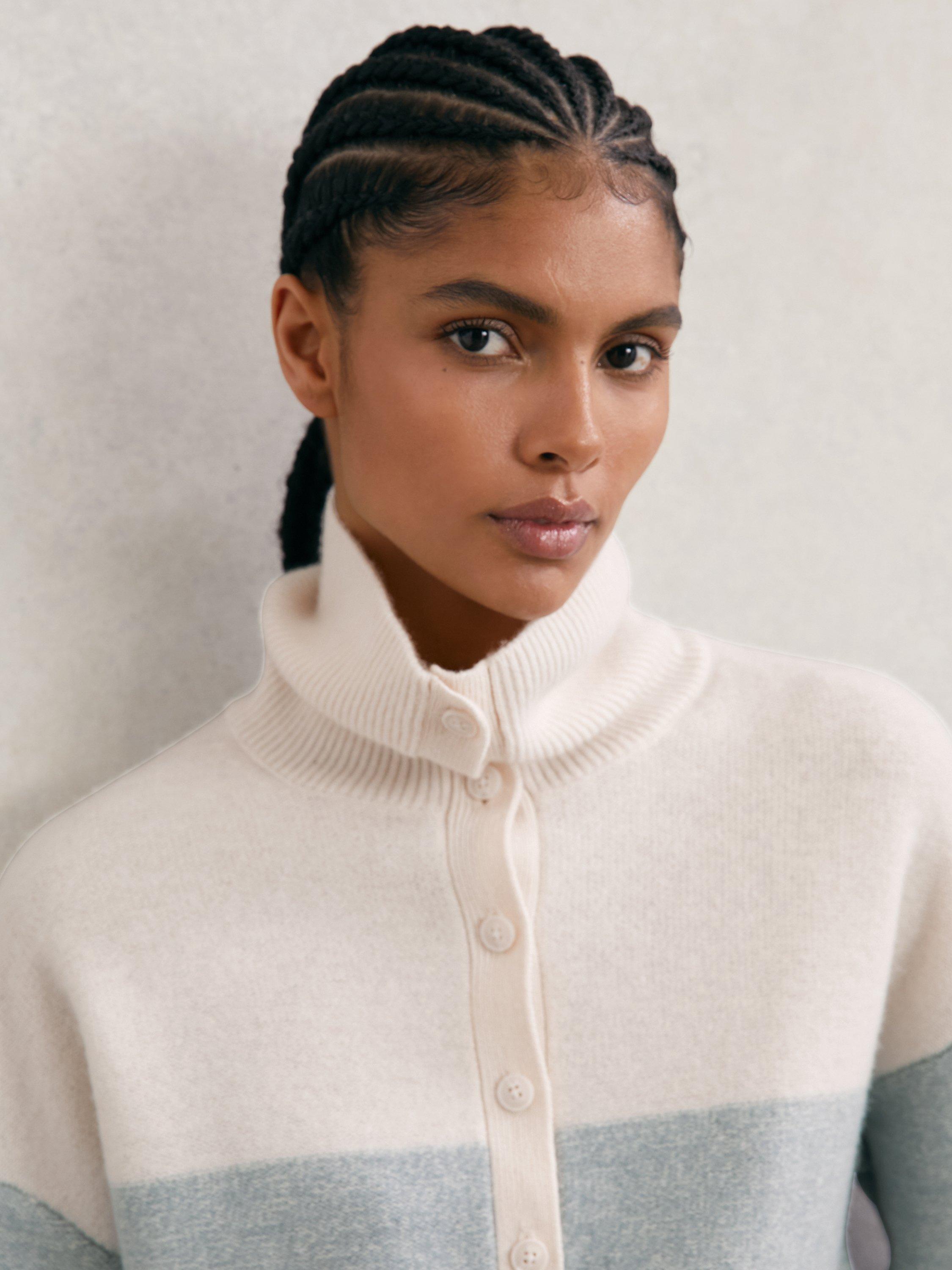 Product image 5 of 5, which shows Reiss Flora Button Neck Wool and Cashmere Jumper, Cream/Blue, XS