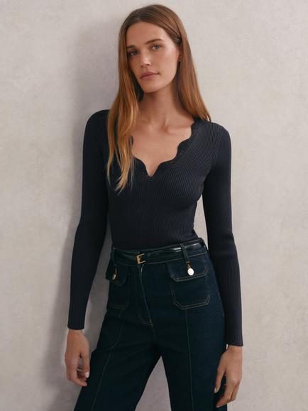 Reiss Lara Scalloped V-Neck Jumper, Navy, Navy