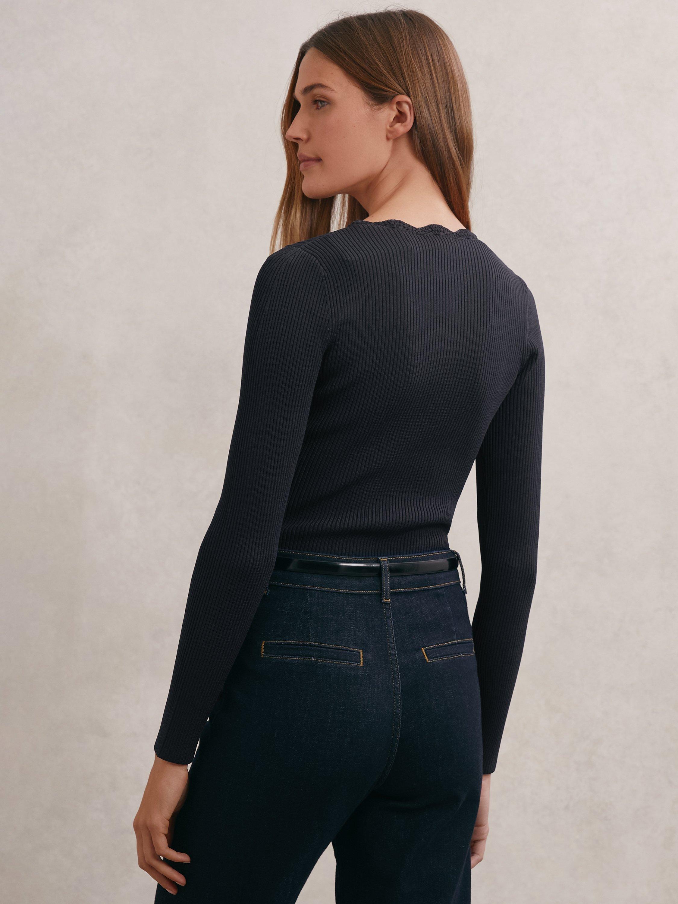 Product image 2 of 5, which shows Reiss Lara Scalloped V-Neck Jumper, Navy, XS