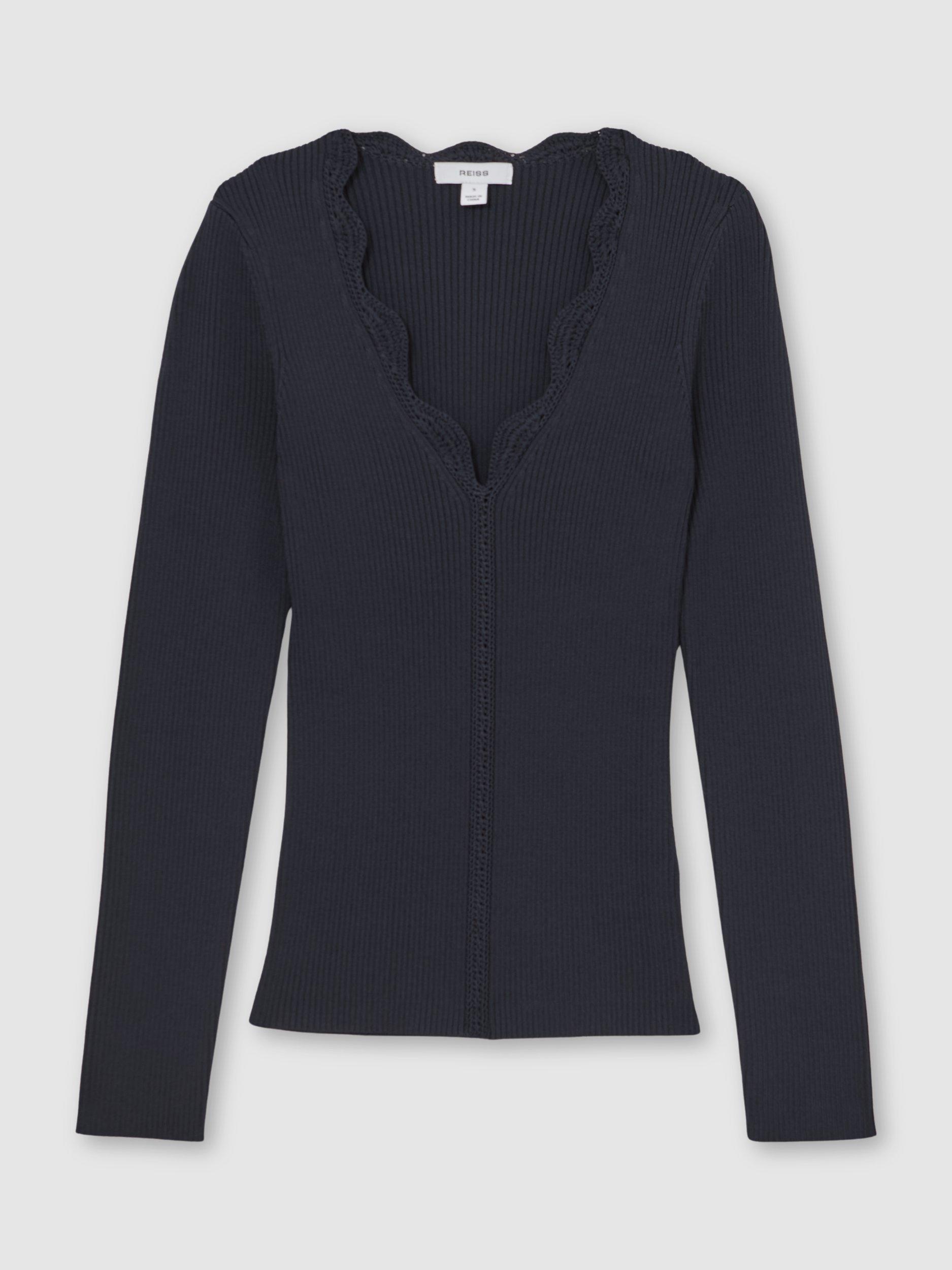 Product image 3 of 5, which shows Reiss Lara Scalloped V-Neck Jumper, Navy, XS