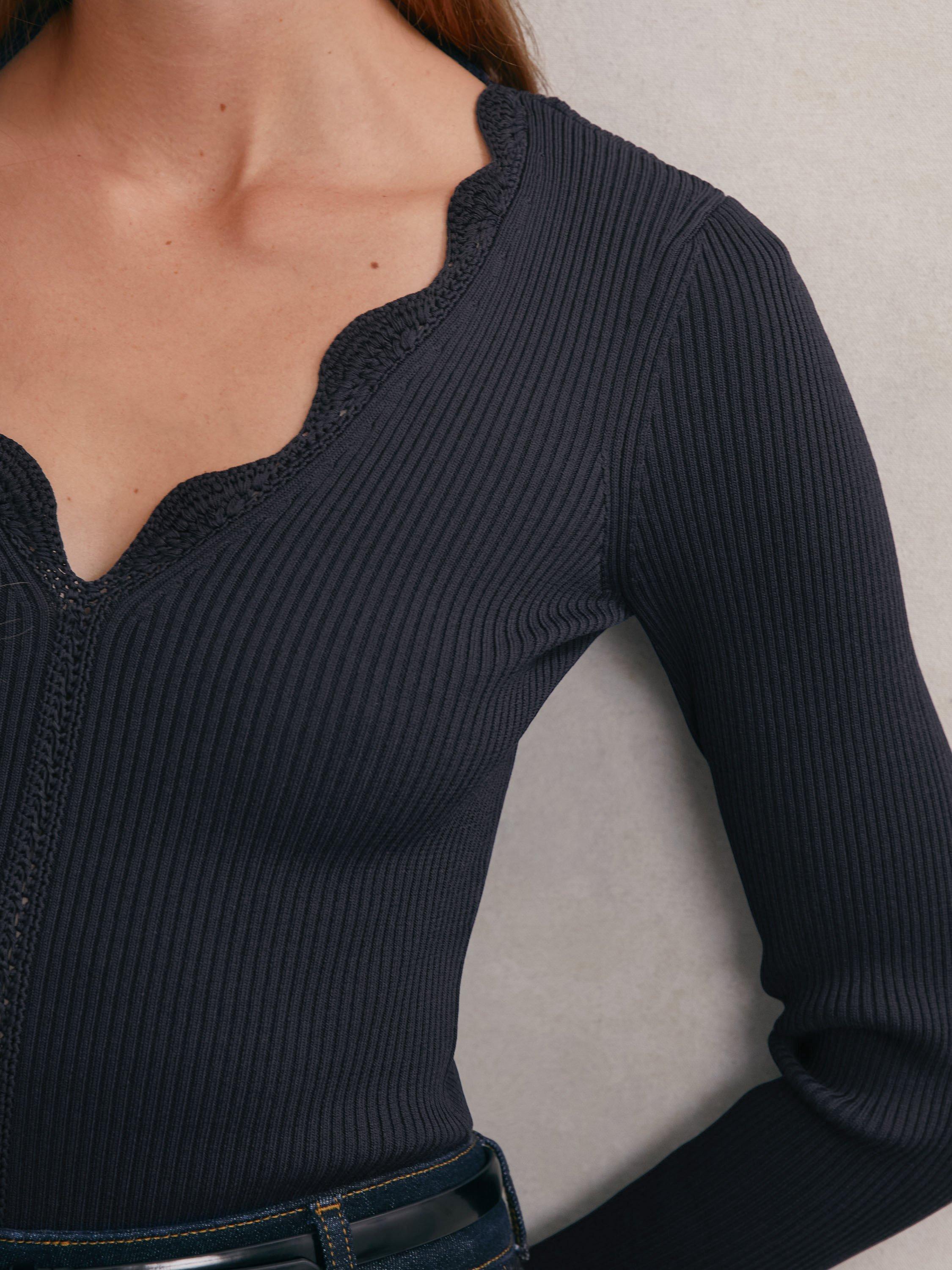 Product image 5 of 5, which shows Reiss Lara Scalloped V-Neck Jumper, Navy, XS