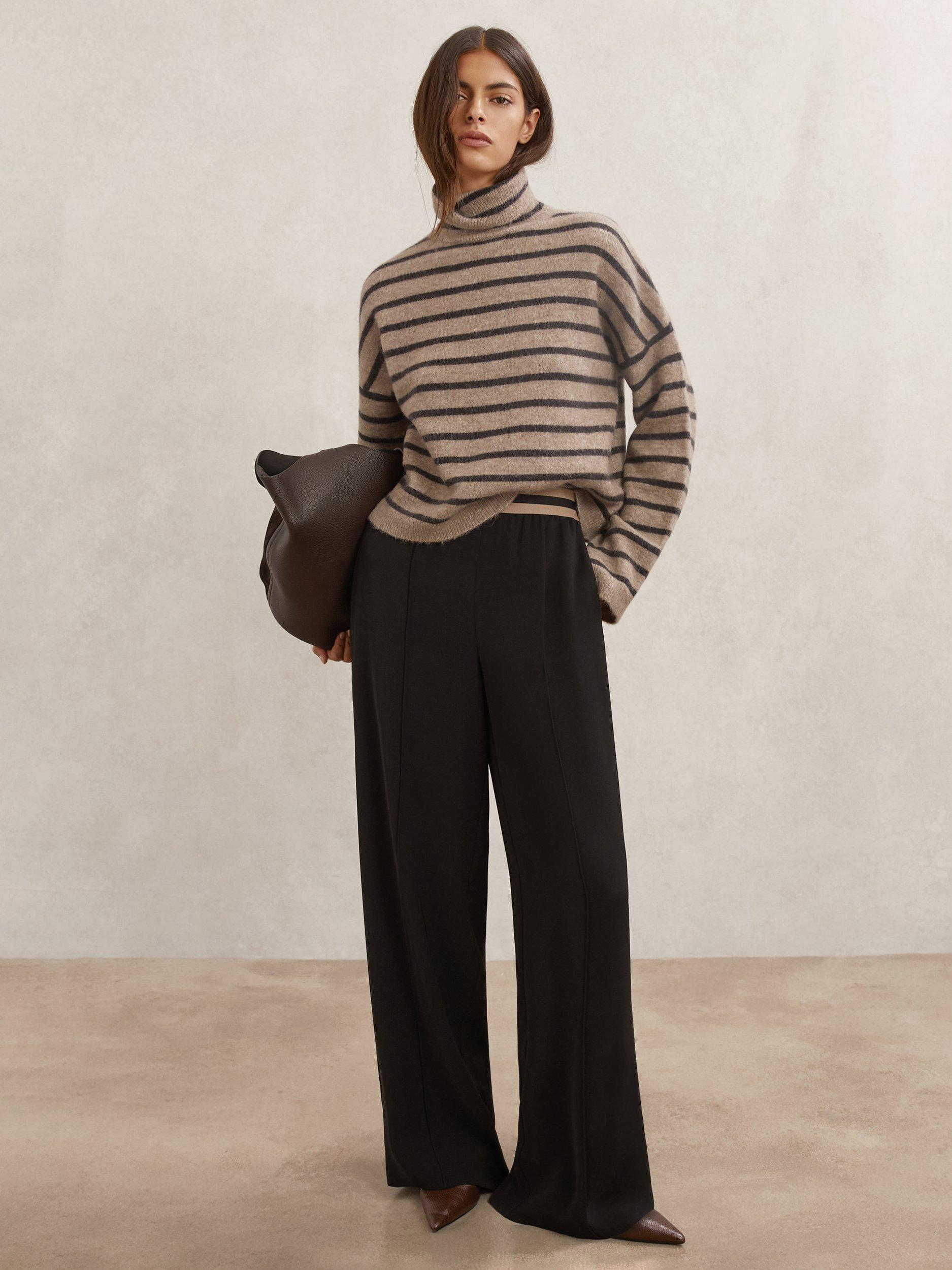 Product image 1 of 5, which shows Reiss Wynn Alpace Blend Roll Neck Jumper, Neutral/Chocolate, XS