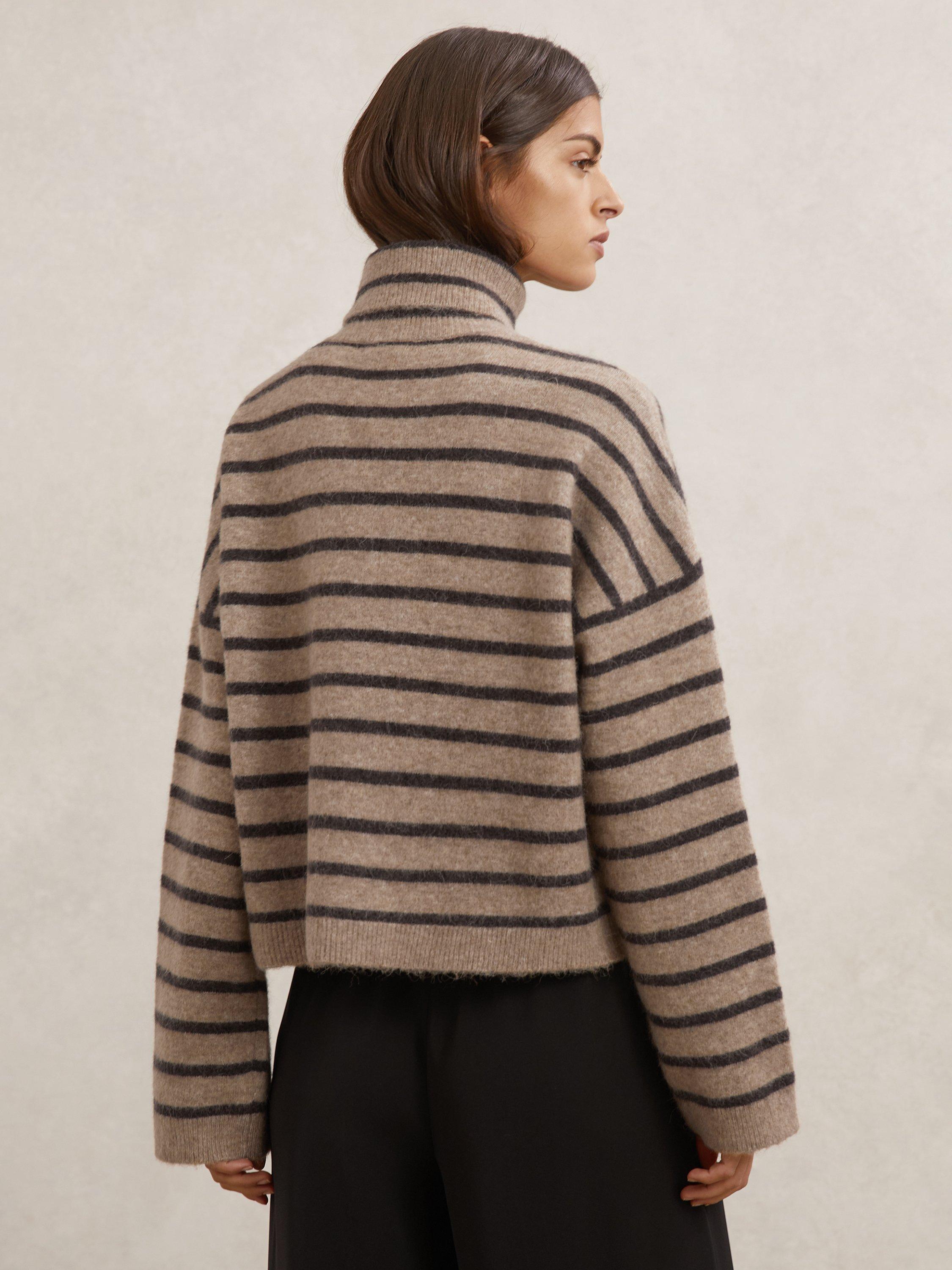 Product image 2 of 5, which shows Reiss Wynn Alpace Blend Roll Neck Jumper, Neutral/Chocolate, XS