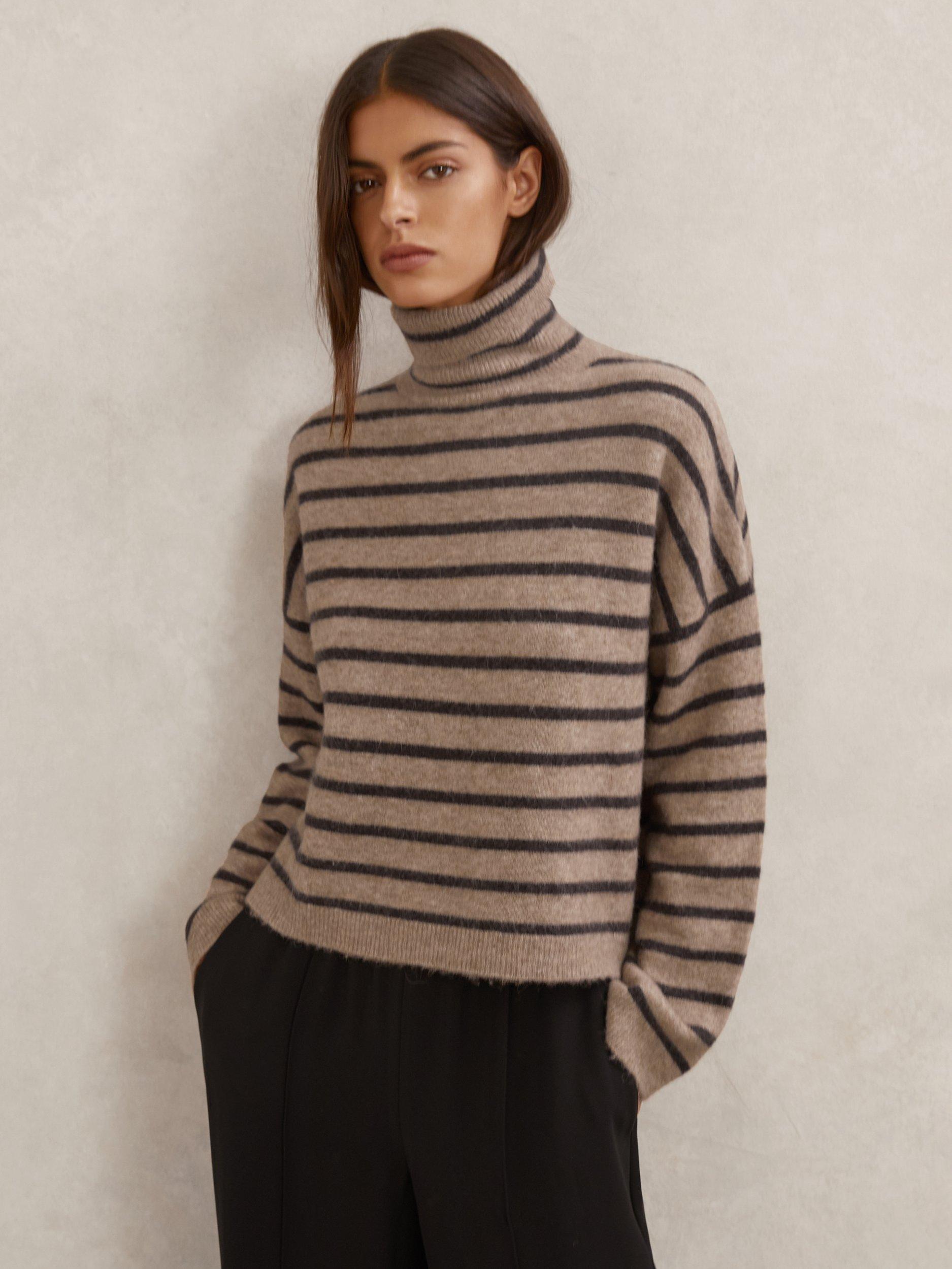 Product image 4 of 5, which shows Reiss Wynn Alpace Blend Roll Neck Jumper, Neutral/Chocolate, XS