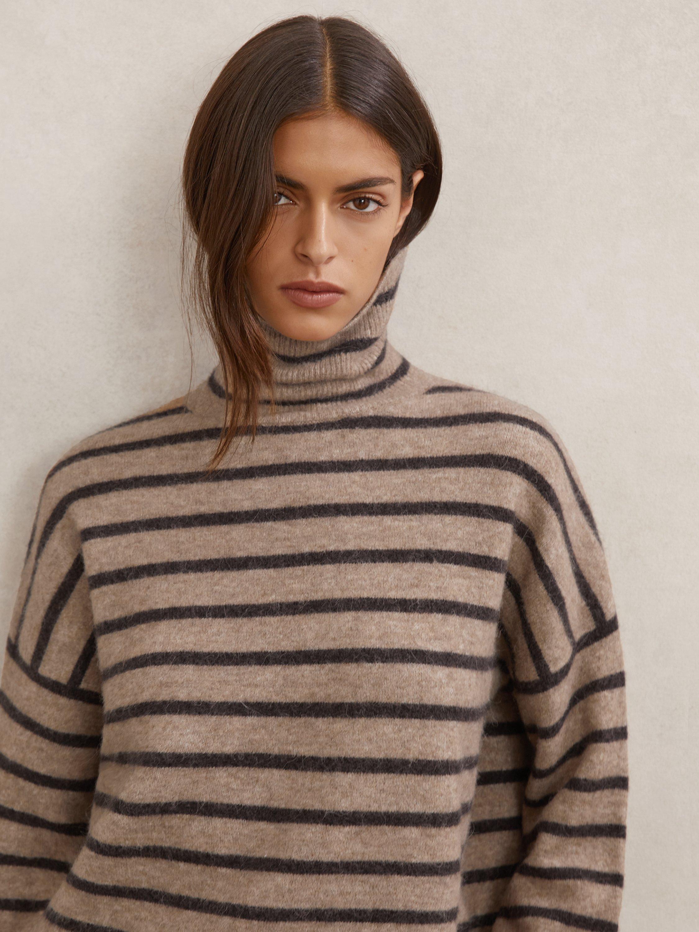 Product image 5 of 5, which shows Reiss Wynn Alpace Blend Roll Neck Jumper, Neutral/Chocolate, XS