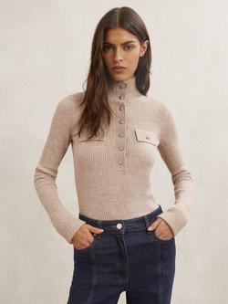 Reis Elly Slim Ribbed Pure Wool Polo Shirt, Neutral, Neutral