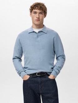 Mango Ten Long Sleeve Polo Shirt, Pastel Blue, Pastel Blue