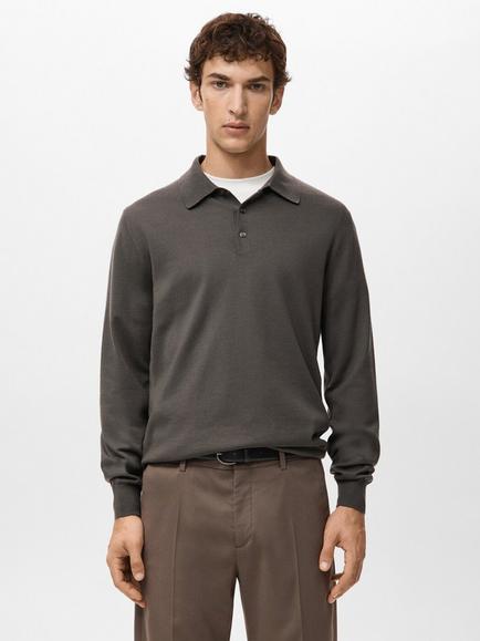 Mango Will Wool Long Sleeve Polo Shirt, Medium Brown, Medium Brown