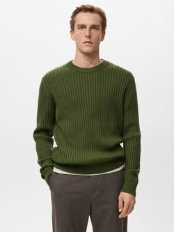 Mango Ariel Crew Neck Rib Knit Jumper with Wool, Green, Green