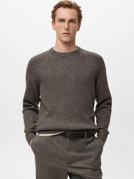 Mango Joan Wool Blend Crew Neck Cable Knit Jumper, Dark Brown, Dark Brown