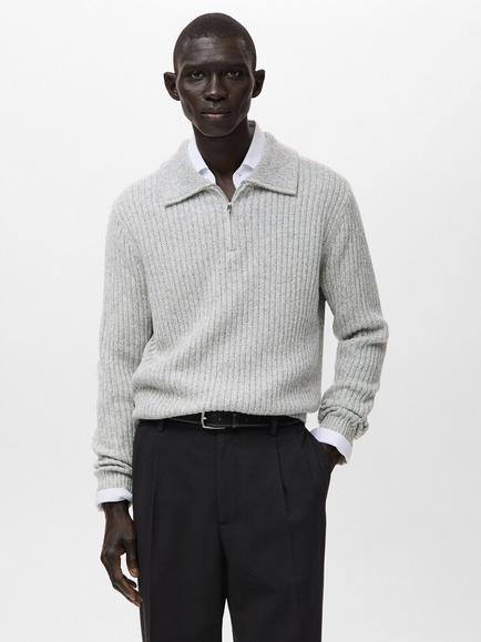 Mango Joan Wool Blend Zip-Neck Cable Knit Jumper, Pastel Grey