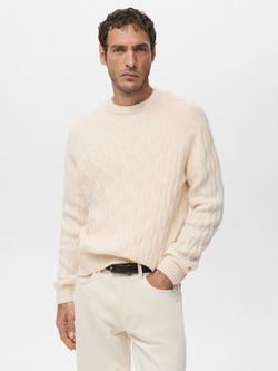 Mango Maria Cable Knit Crew Neck Jumper, Light Beige