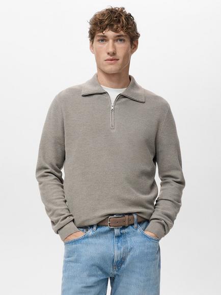 Mango Ten Zip Neck Jumper, Medium Grey