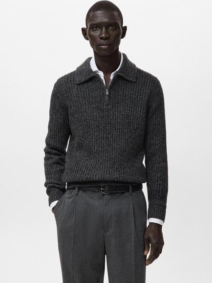 Mango Joan Wool Blend Zip-Neck Cable Knit Jumper, Dark Grey