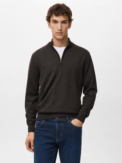 Mango Will Wool Zip Neck Jumper, Dark Brown