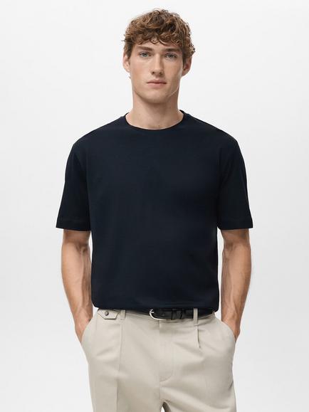 Mango Bellow Cotton Regular Fit Short Sleeve T-Shirt, Navy