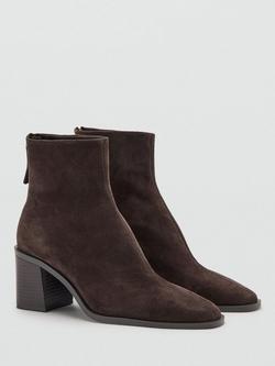 Mango Gloria Suede Block Heel Ankle Boots, Dark Brown - view 2, Dark Brown