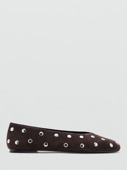 Mango Savoir Suede Studded Ballerina Pumps, Dark Brown, Dark Brown