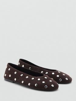 Mango Savoir Suede Studded Ballerina Pumps, Dark Brown - view 2, Dark Brown
