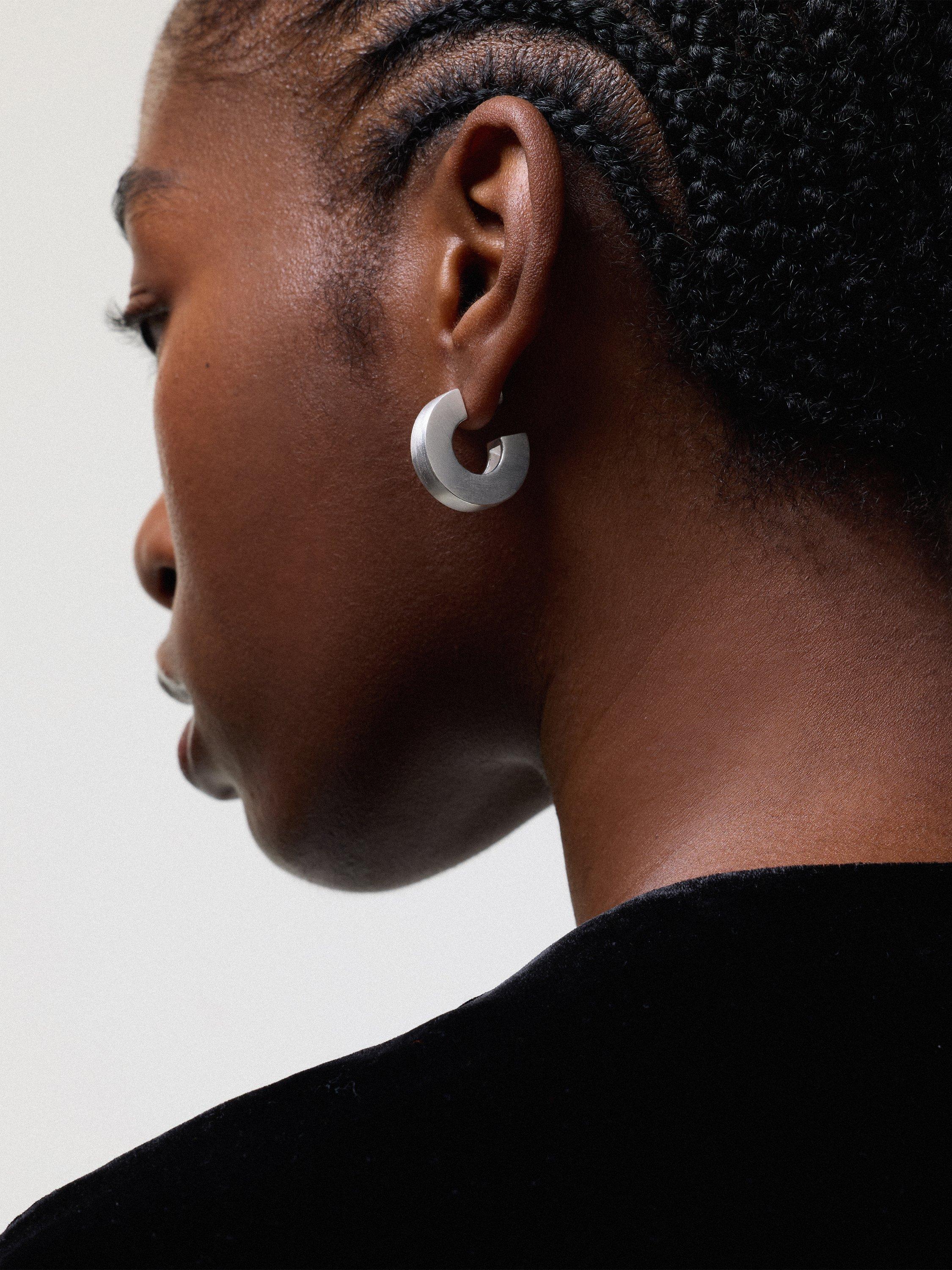 Product image 2 of 4, which shows Jigsaw Chubby Block Hoop Earrings, Sterling Silver