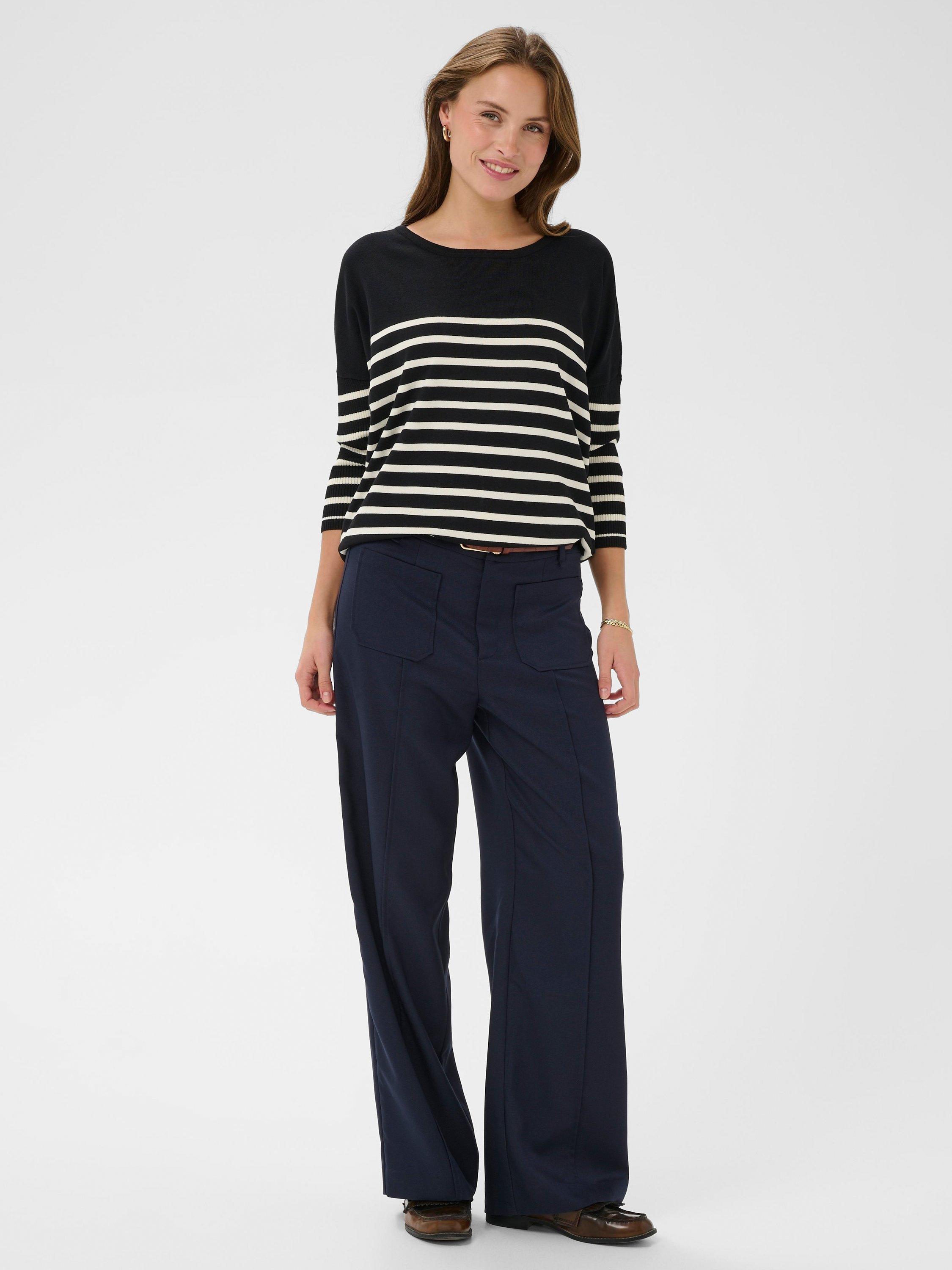 Product image 3 of 6, which shows Saint Tropez Mila Round Neck Striped Jumper, Black/Seed Pearl, XS